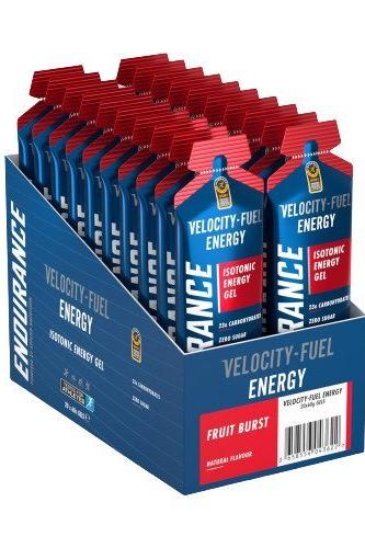 Applied Nutrition Velocity-Fuel Energy Gel box featuring isotonic energy packets in fruit burst flavor.