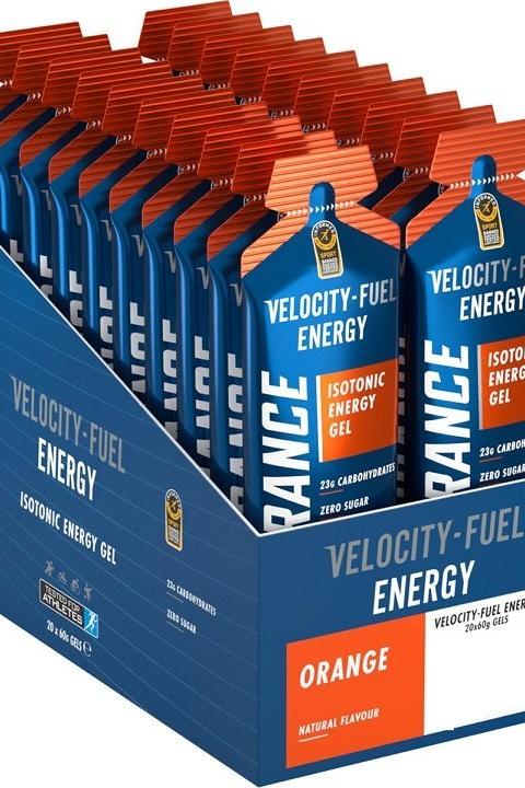 Applied Nutrition Velocity Fuel Isotonic Energy Gel box with orange flavor, 23g carbohydrates, zero sugar, for instant energy.