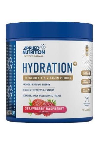 Applied Nutrition Hydration+ electrolyte and vitamin powder, strawberry raspberry flavor, supports energy and hydration.