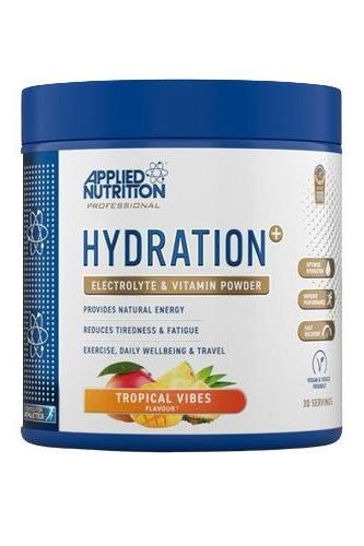 Applied Nutrition Hydration+ electrolyte and vitamin powder in Tropical Vibes flavor, promoting energy and well-being.