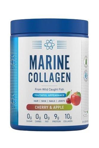 Applied Nutrition Marine Collagen supplement, cherry & apple flavor, promotes youthful skin, hair, nails, joints, with no sugars or fats.