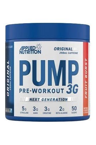 Applied Nutrition Pump 3G Pre-Workout in blue packaging with fruit burst flavor for enhanced endurance and performance.