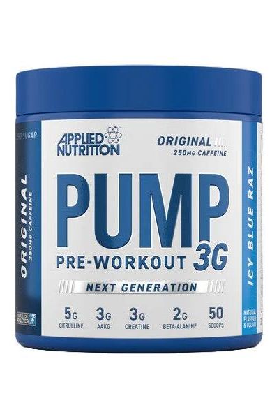 Applied Nutrition Pump 3G Pre-Workout container, icy blue raz flavor, with key ingredients and 50 servings.