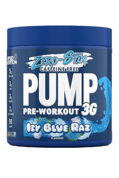 Applied Nutrition Pump 3G Pre-Workout in Ice Blue Raz flavor, caffeine-free, 50 servings.
