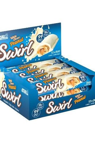 Applied Nutrition Swirl Duo Bar pack displaying white peanut bars, low calorie, low sugar, high protein snack.