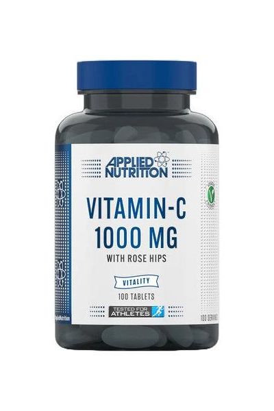 Applied Nutrition Vitamin C with Rose Hips 1000 mg, 100 tablets, vegan-friendly and Halal-certified.