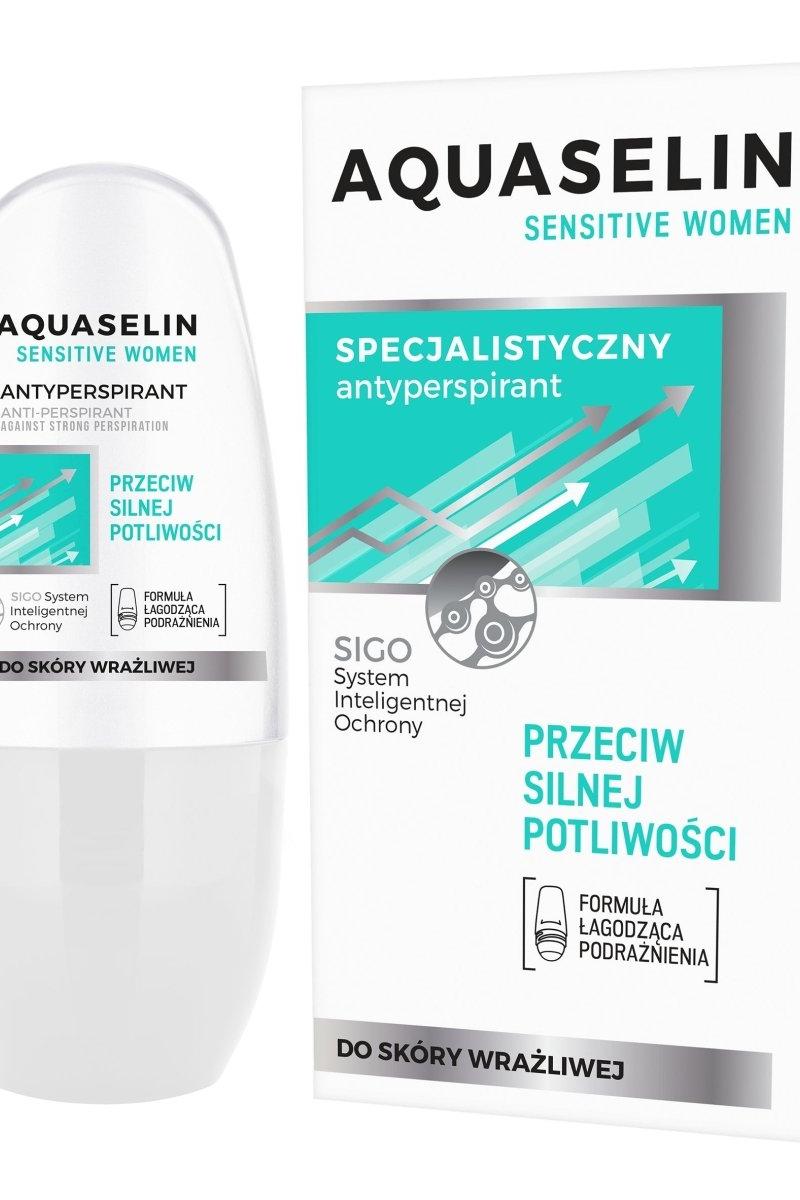 Aquaselin Women's Antiperspirant Roll-On with soothing formula against excessive sweating.