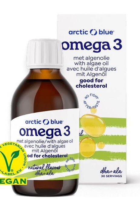 Arctic Blue Omega-3 with algae oil and flaxseed oil, vegan supplement for heart health and cholesterol support.
