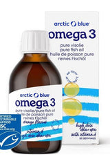 Bottle of Arctic Blue Omega 3 pure fish oil with DHA, EPA, and vitamin D, promoting heart and brain health.