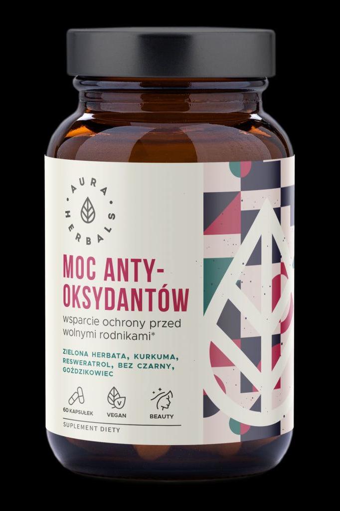Aura Herbals antioxidant supplement bottle, featuring plant-based ingredients for cell protection against free radicals.