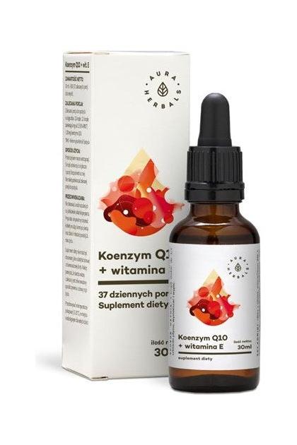 Aura Herbals Coenzyme Q10 and Vitamin E 30ml dietary supplement bottle with box.