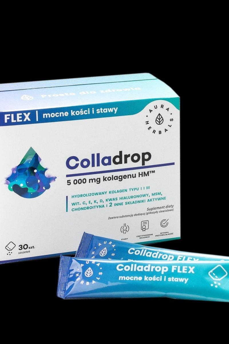 Aura Herbals Colladrop Flex box and sachets featuring marine collagen for joint and bone health.