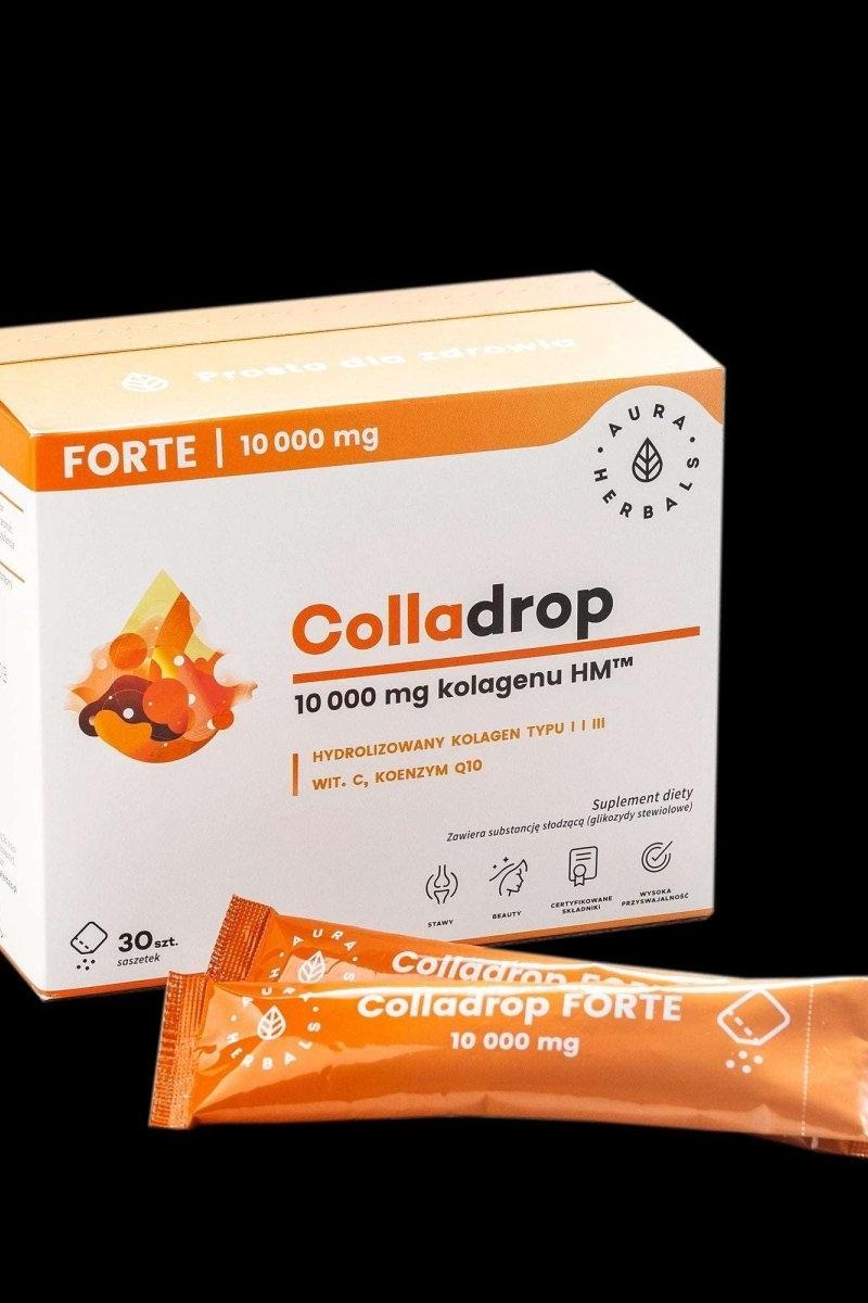 Aura Herbals Colladrop Forte packaging with sticks of marine collagen supplement, promoting skin and joint health.