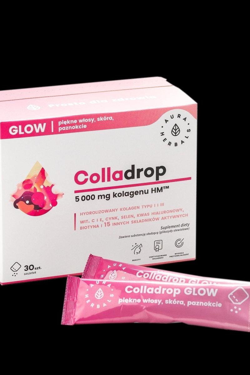 Aura Herbals Colladrop Glow box and sachet showcasing marine collagen for hair, skin, and nails.