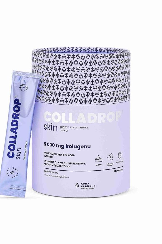 Aura Herbals Colladrop Skin 5000 mg collagen sachets for glowing skin, 30 pieces, enhances skin elasticity.