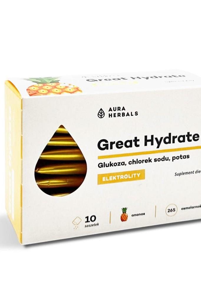 Aura Herbals Great Hydrate electrolyte supplement box featuring pineapple flavor and vegan ingredients.