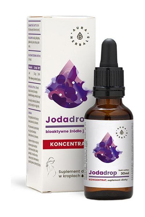 Aura Herbals Jodadrop 30ml iodine supplement bottle with box, promoting thyroid health and better absorption.
