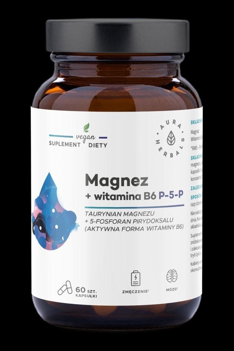 Aura Herbals Magnesium + Vitamin B6 supplement, vegan capsules, 60 count, clean label formulation.