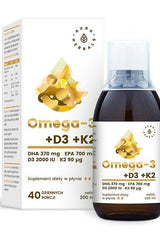 Aura Herbals Omega-3 supplement with DHA, EPA, D3, and K2, promoting heart and brain health, 200 ml.