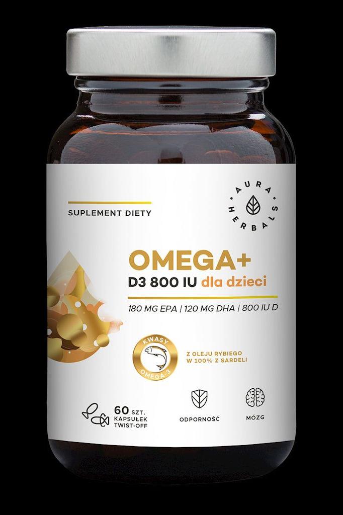Aura Herbals Omega+ Vitamin D3 supplement for children, 60 capsules, supports heart and immune function.