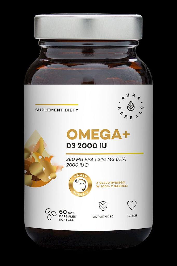 Aura Herbals Omega+ Vitamin D3 supplement bottle with 60 softgel capsules for heart and immune support.