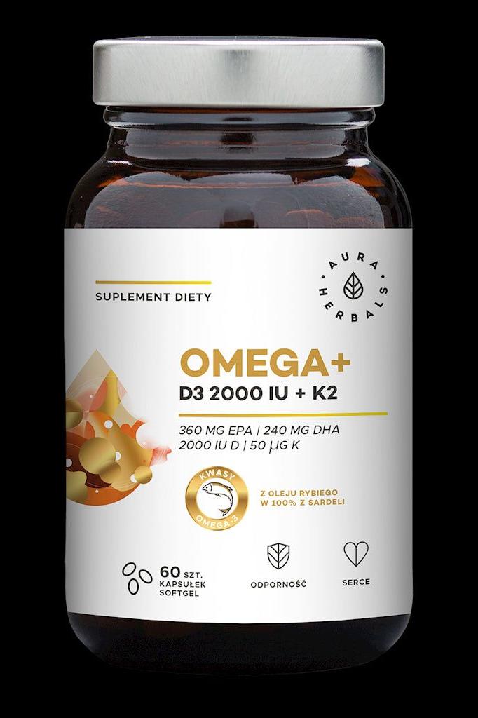 Aura Herbals Omega+ Vitamin D3 supplement bottle with 60 softgels for heart and immune health.