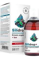 Aura Herbals Silidrop+ bottle with organic silicon MMST and boron, 500 ml packaging and label detail.