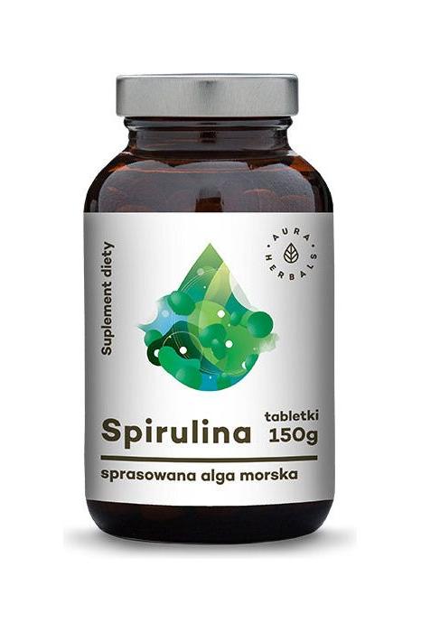 Aura Herbals Spirulina supplement bottle with 150g of pressed sea algae tablets.