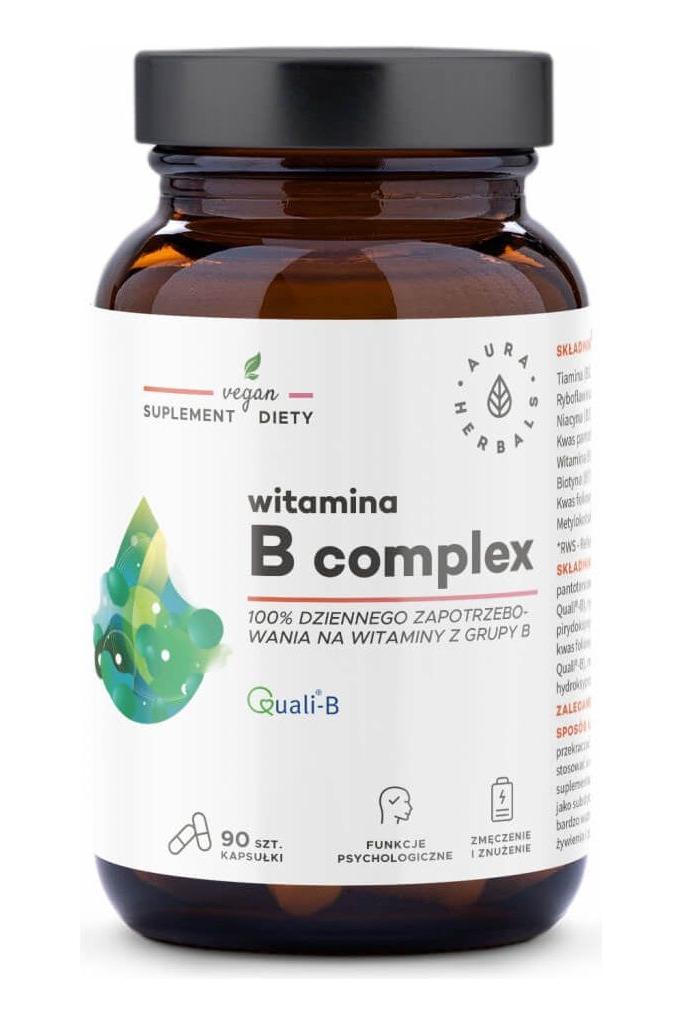 Aura Herbals Vitamin B Complex supplement bottle with 90 vegan capsules for daily B vitamin needs.