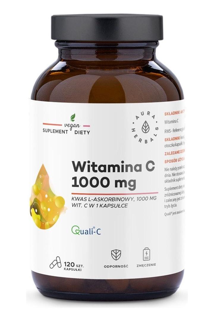Aura Herbals Vitamin C 1000 mg supplement in a dark glass bottle, vegan-friendly, 120 capsules.