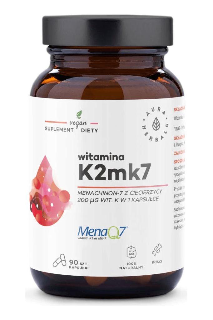 Aura Herbals Vitamin K2 Mk7 supplement, 200 mcg, natural chickpea source, 90 vegan capsules.