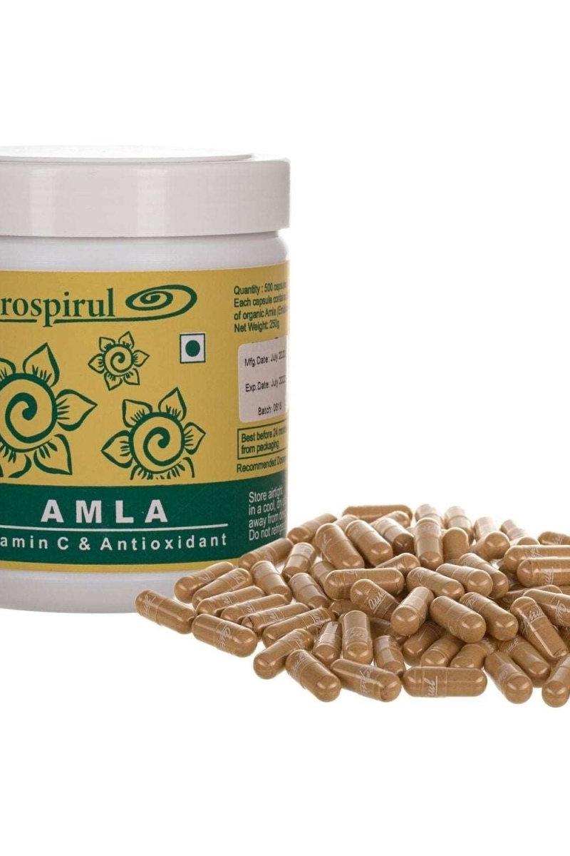 Aurospirul Amla product jar with capsules, rich in Vitamin C and antioxidants for health support.