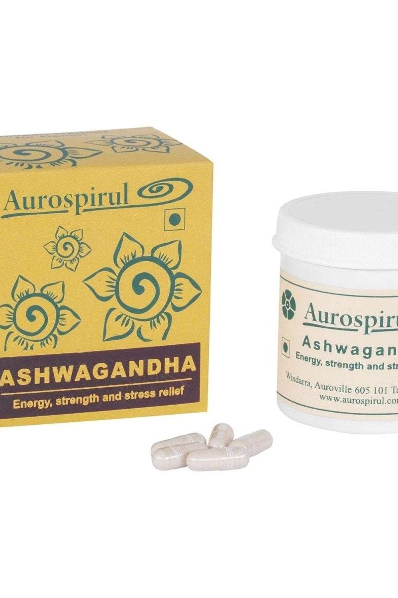 Aurospirul Ashwagandha capsules for energy, strength, and stress relief in a yellow box.