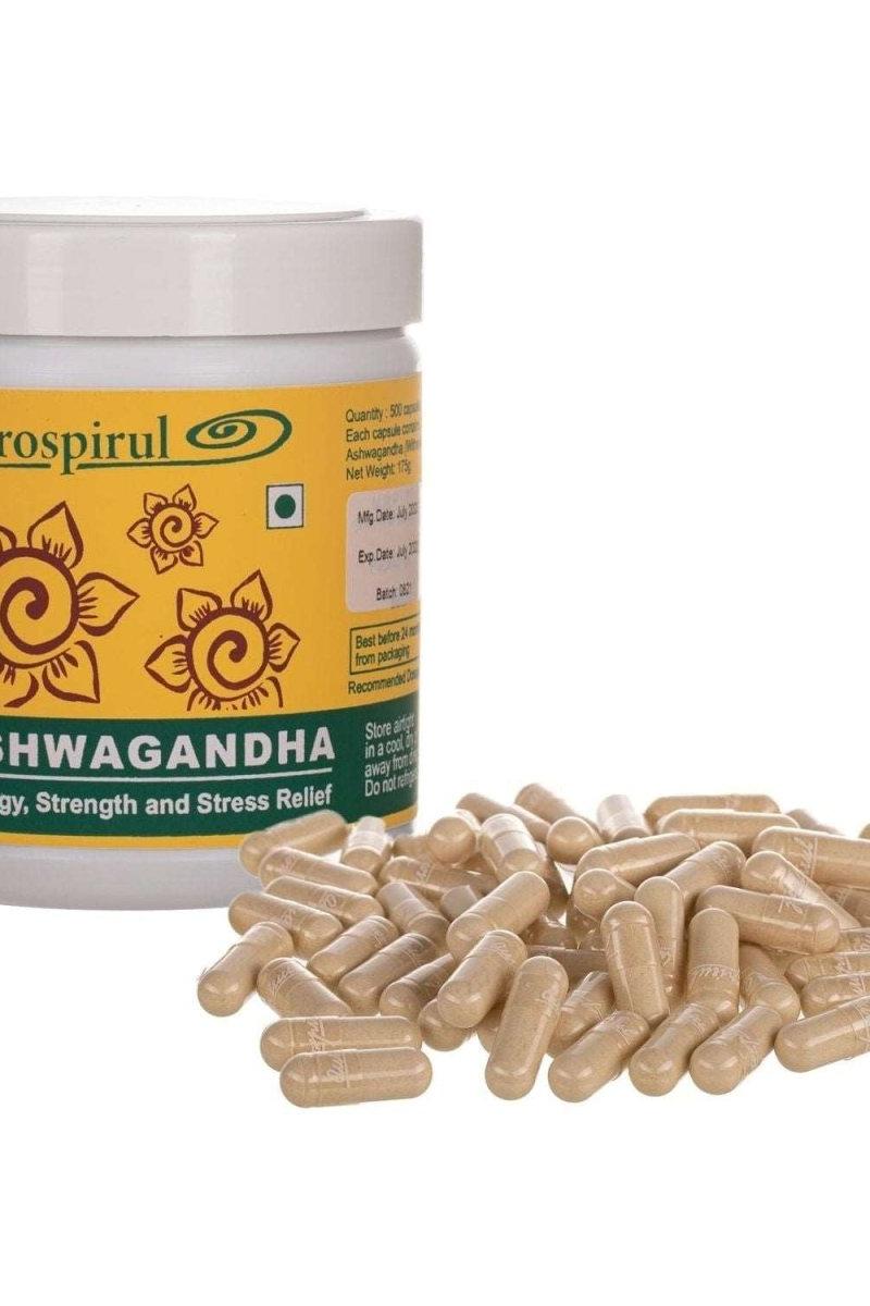 Aurospirul Ashwagandha supplement capsules with container, promoting stress relief and well-being.