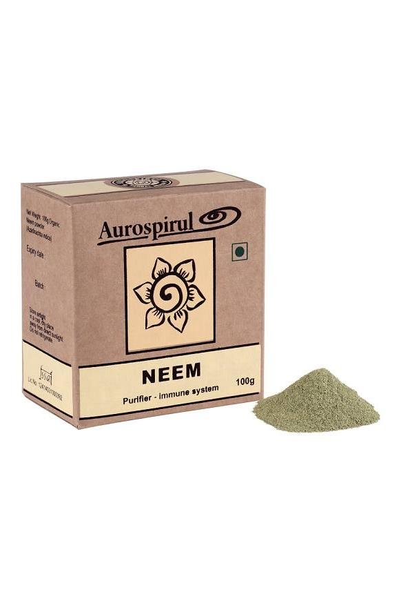 Aurospirul Neem capsules, 100g packaging, natural supplement for skin and immune support.