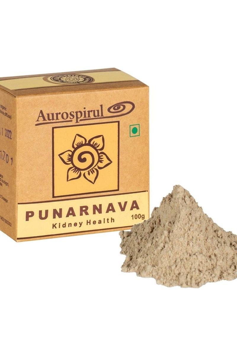 Aurospirul Punarnava herbal supplement box with powder for kidney health, 100g.