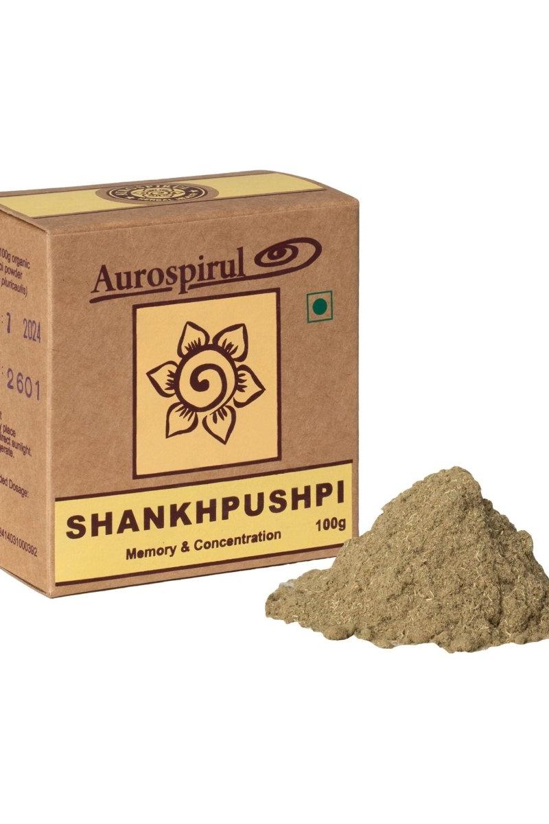 Aurospirul Shankapushpi powder packaging for memory and concentration support, featuring herbal supplement benefits.