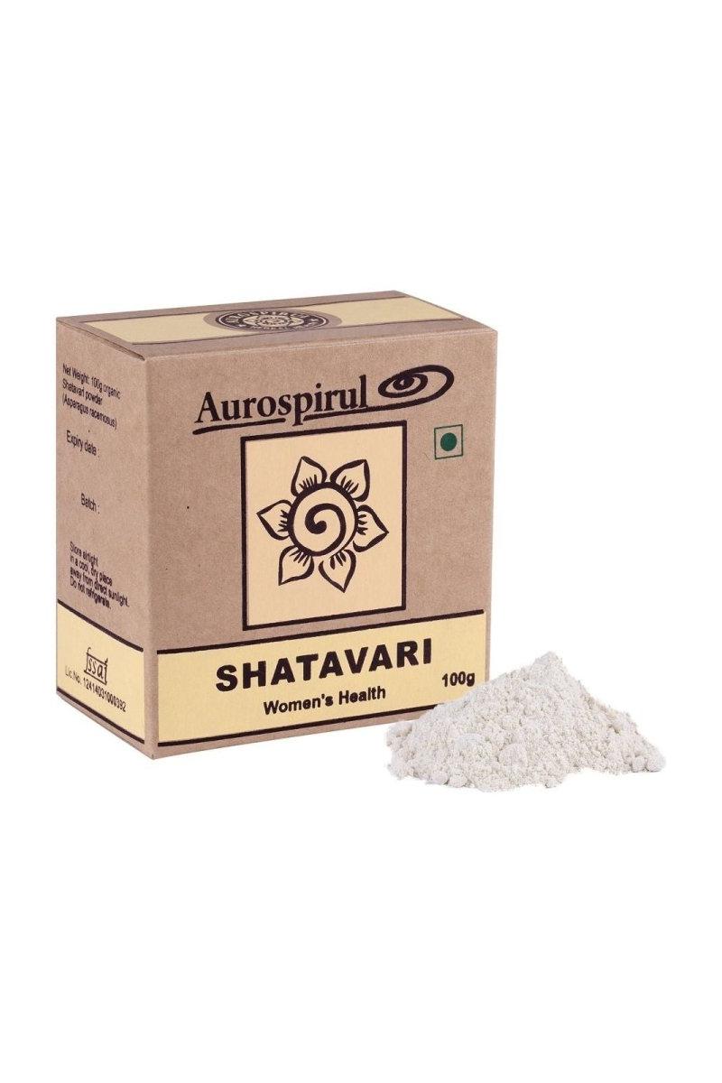 Aurospirul Shatavari powder packaging, 100g, promoting women's hormonal balance and reproductive health.