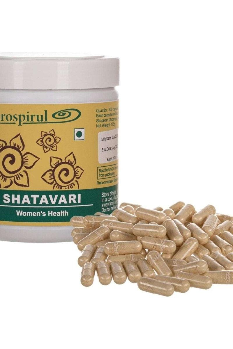 Aurospirul Shatavari capsules for women's health and hormonal balance in a container.