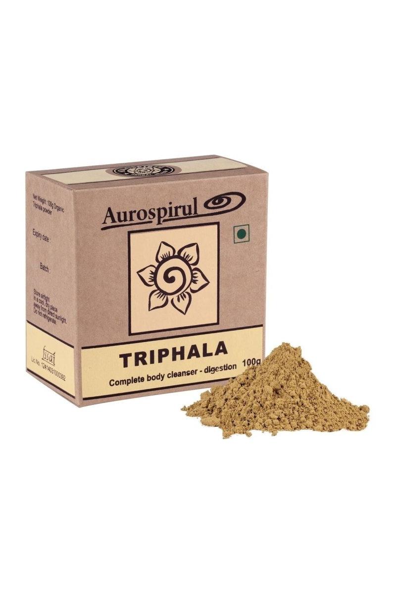 Aurospirul Triphala powder supplement box, natural ingredients for digestion and gastrointestinal health.