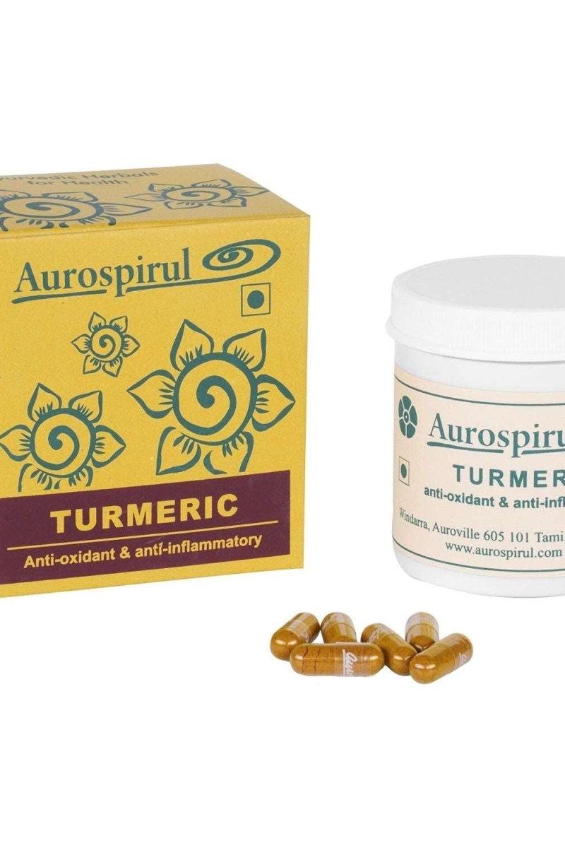 Aurospirul turmeric supplement packaging with capsules, promoting antioxidant and anti-inflammatory benefits.