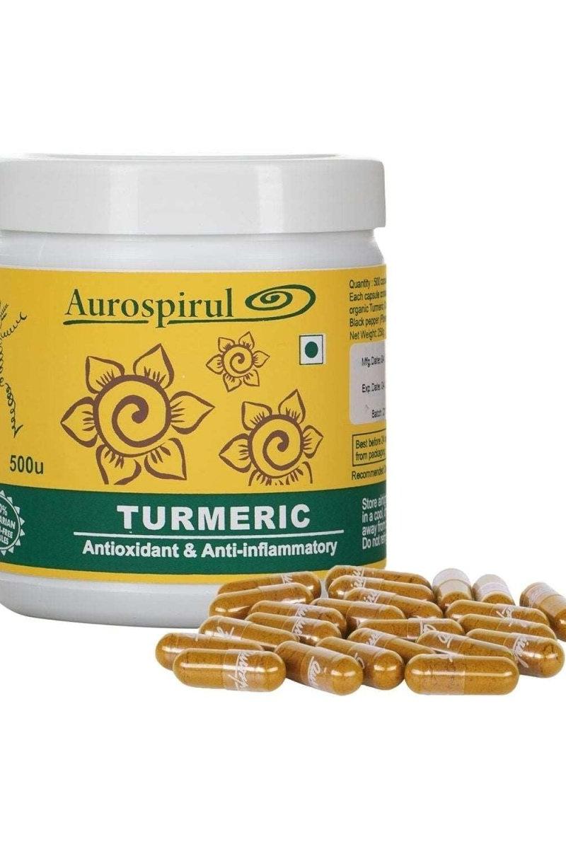 Aurospirul turmeric supplement jar with capsules, known for antioxidants and anti-inflammatory benefits.