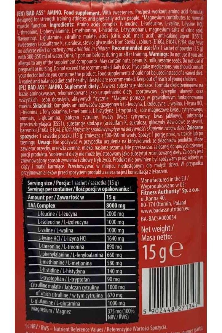 Bad Ass Nutrition Amino Sample Mango Lemon flavor, nutritional information and ingredients on sachet packaging.