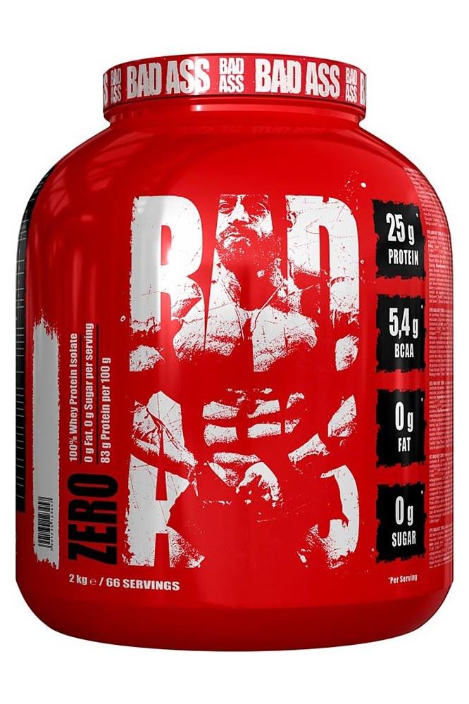 Bad Ass Nutrition Bad Ass® Zero protein powder container showing 25g protein, 5g BCAA, 0g fat, and 0g sugar.