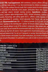 Bad Ass Nutrition PRE supplement label, highlighting ingredients and usage instructions for pre-workout energy boost.