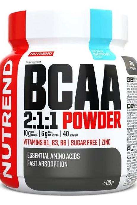 Nutrend BCAA 2:1:1 Powder container, featuring essential amino acids, vitamins, and zinc, sugar-free, 400g.