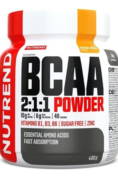 Nutrend BCAA 2:1:1 Powder, 400g container, essential amino acids, sugar-free, vitamins B1, B3, B6, zinc, fast absorption.