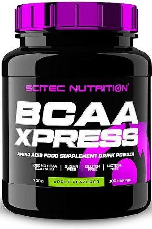 Scitec Nutrition BCAA Xpress 700g, apple flavored, sugar-free, gluten-free, 5g BCAA per serving, amino acid supplement.