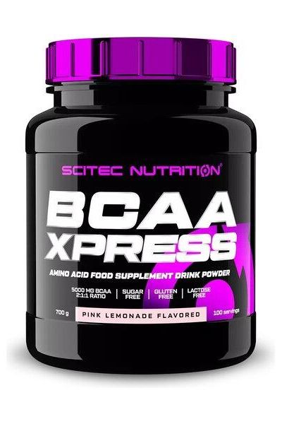 Scitec Nutrition BCAA Xpress amino acid supplement, pink lemonade flavor, sugar-free, gluten-free, lactose-free.