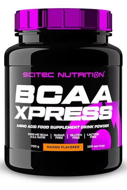 Scitec Nutrition BCAA Xpress mango flavored amino acid supplement drink powder in a 700g container.